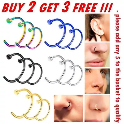 Nose Ring Small Thin Lip Ear Fake Body Piercing Black Silver Surgical Steel Hoop • £1.59