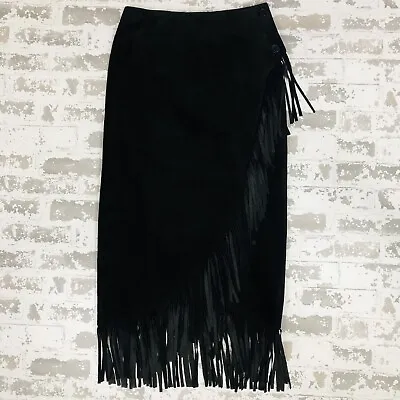 Vintage 90s Suede Leather Skirt High Waist Fringe Trim Wrap Midi Black Size 8 • $63