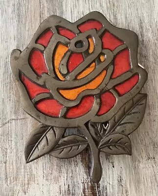 ROSE TRIVET Metal Stained Glass Look Wall Hanger Decor Footed • $12