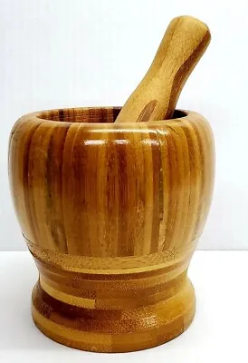 CHEF BAMBOO MORTAR W/ PESTLE CRUSH SMASH KITCHEN SPICES MOLCAJETE 4.5  WOOD • $15.95