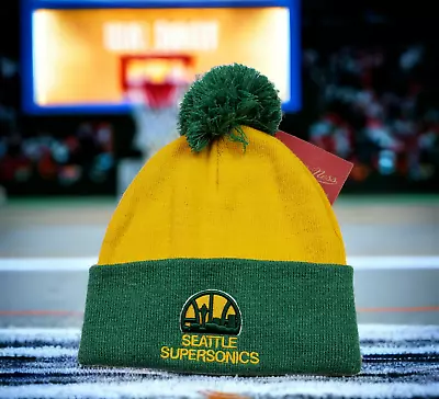 Seattle Supersonics Beanie Mitchell And Ness Pom Pom Hat Green Yellow Mens • $28.85