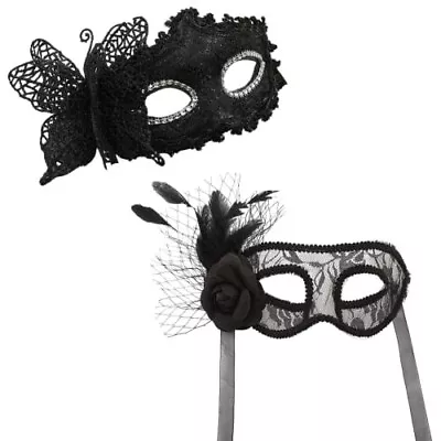 2 X Masquerade Masks Mardi Gras Party Fancy Dress Black Sparkly Feathers Ribbon • £7.99