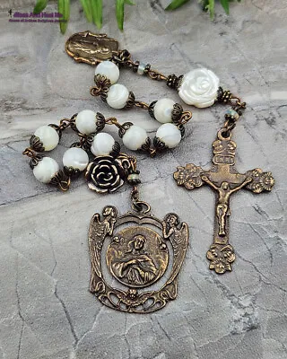 Virgin Mary Angels Jesus Roses White Pearl Shell Opal Vintage Bronze Chaplet • $89
