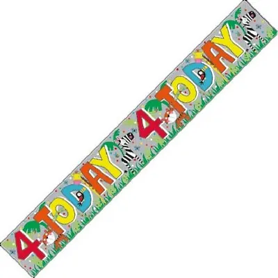 9ft 4th Birthday Animal Foil Banner Age 4 Party Decorations • £1.99