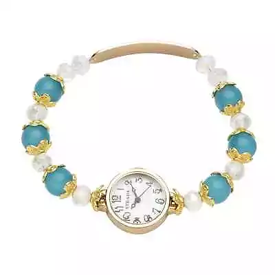 STRADA Blue White Beaded Stretch Bracelet Medical Alert Watch Black Oxidized • $18.99