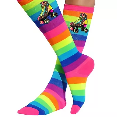 Girls Socks Rainbow Stripe Knee High Stockings Kids Skating Party Roller Skates • $14.95