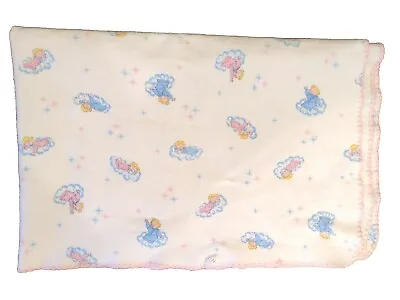 COMFORT Flannel Receiving Blanket Baby Vintage Pink Blue Sleeping On Clouds  • $15.75