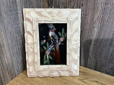 Vintage Mexican Folk Art FeatherCraft Bird Peacock Picture Gesso  Wood Frame B83 • $18.99