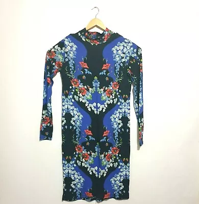 $2 • Buy Asos Dress Sz UK 16 Blue Floral Print Bodycon Long Sleeve Stretch Collar Plus   