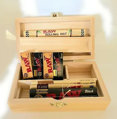 £17.29 • Buy RAW Smokers Set - Premium Wooden Storage Box - Papers - Tips Rolling Mat