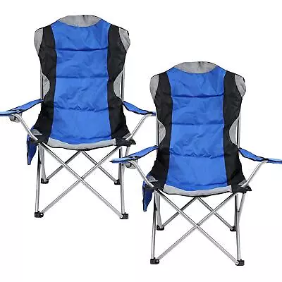 2x Folding Camping Deluxe Chair Heavy Duty Padded W Cup Holder High Back Blue • £49.95