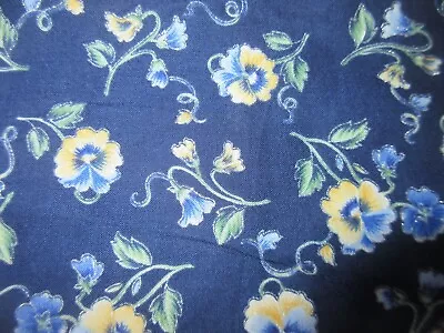 Marcus Brothers FAYE BURGOS YELLOW PANSIES On BLUE Metallic Silver Cotton Fabric • $9.99