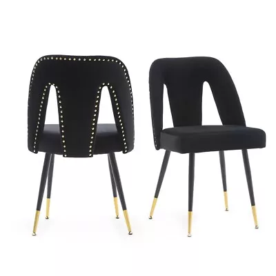 AADEN 2x Velvet Dining Chairs With Metal Legs-Black • $251