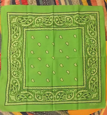 Vintage LIME GREEN Cotton Paisley Patterned Bandana Handkerchief Made In USA • $9.99