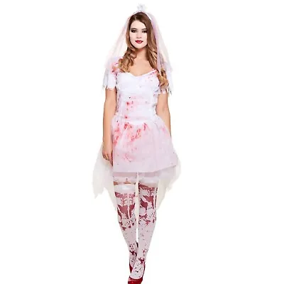 Ladies BLOODY BRIDE Halloween Fancy Dress Costume Prom Queen Carrie 80s Outfit • £13.95