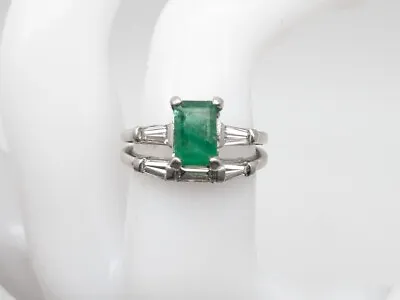Vintage 1950s $8000 3ct Natural Emerald VS G Diamond Platinum Wedding Ring SET • $1450