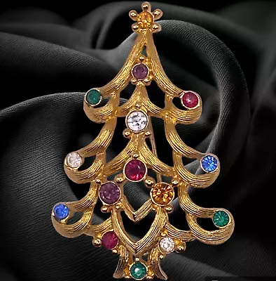 Monet Christmas Tree Pin Brooch Rhinestone Brushed Gold Signed Vintage • $16.99