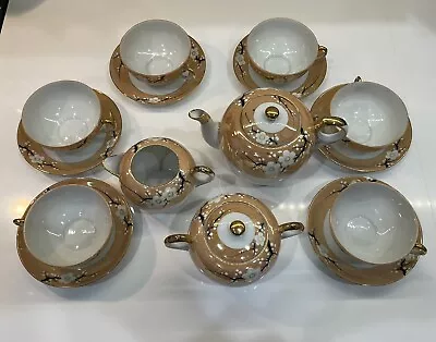 Lusterware Vintage Peach Cherry Blossom Tea Set 15 PCS. Hand Painted Japan For 6 • $38