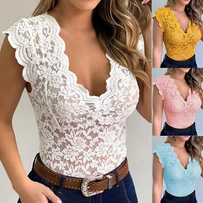 £6.99 • Buy Womens Lace V-Neck T-shirt Tops Sleeveless Sexy Through Blouse See Fashion Tee