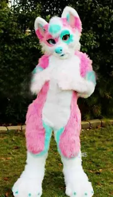 Long Fur Husky Dog Fox Pink Mascot Costume Fursuit Halloween Suit Cosplay • $258.99