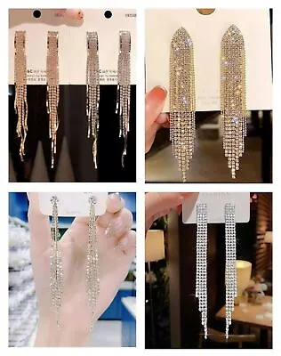 Silver Plated Gold Long Tassel Crystal Earring Drop Dangle Stud  Jewellery Women • £3.99