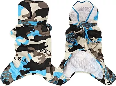 Dog Raincoat Large Blue Hood Camouflage  Waterproof Coat Jacket Button Frenchie • £7.99