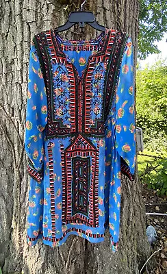 GORGEOUS Vtg. Handmade ChallisPrint Sheer Embroidered Balochi Midi Dress Sz S-M • $70