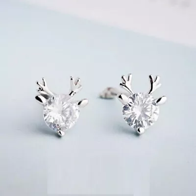 Tiny Elk Cubic Zirconia Silver Reindeer Deer Stud Earrings • $8.99