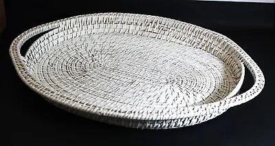 Vintage Serving Tray Wicker Rattan White 20  Oval Handles • $23.95
