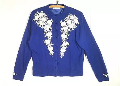 Vtg 50s Angora Wool Cardigan Sweater Navy Blue White Bead Sequin Feather Pinup L • $59