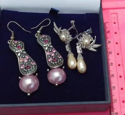 Vintage Marcasite And Pearl Earrings Pink And Clear Cubic Zirconia 2 X Sets Lot • £3.99