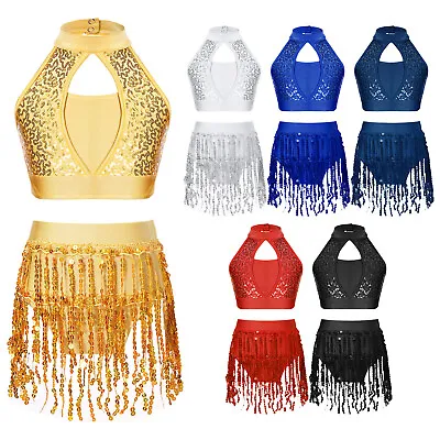 Girls Dance Outfits 2 Piece Sequins Crop Top With Fringe Shorts Modern Jazz Set • £12.49