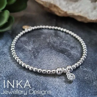 Inka 925 Sterling Silver Stretch Beaded Stacking Bracelet April Birthstone Charm • £19