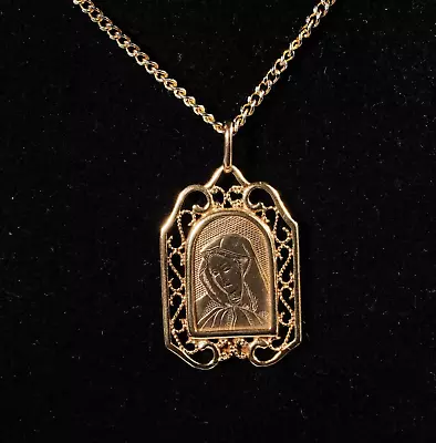 Vintage Italian Saint Mary Madonna 9ct Gold Pendant Square Filigree Bezel • £156.05