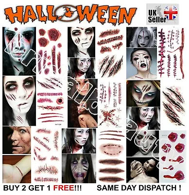 UK Realistic Temporary Tattoos Party Zombie Scar Stitches Scab Wound Waterproof • £1.89