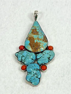 Artisan Hand Made Silver Large Multi Turquoise Coral Slider Pendant 4'' Inch • $129.95