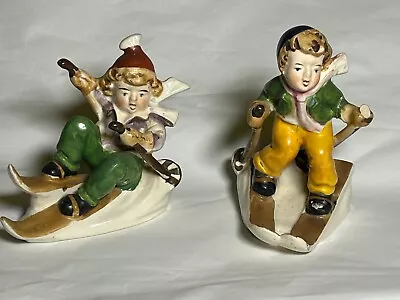 Vintage 1950s 2-Lot Figurine Skiing Children On Skis Made Occupied Japan • $12