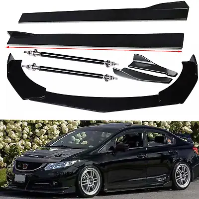 For Honda Civic Front Bumper Lip Splitter + Side Skirt +Strut Rod Glossy Black • $79.99