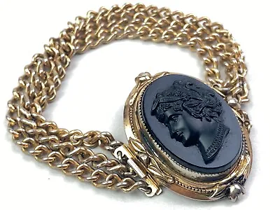 Vintage VICTORIAN REVIVAL Gold Tonę 3-Strand Black Cameo Bracelet • $19.99