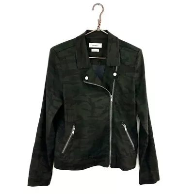 Level 99 Womens Medium Green Camo Moto Jacket Collared Linen Blend Lightweight • $29.24