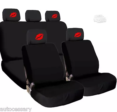 For VW New 4X Red Lips Logo Headrest And Black Fabric Seat Covers  • $41.87