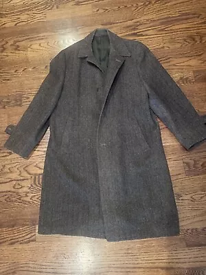 VTG Harris Tweed Scottish Wool Charcoal Grey Herringbone Long Jacket Overcoat • $50