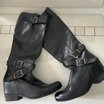 Miz Mooz West Tall Boots Womens 9 Black Leather Riding Buckle Straps Zip Up • $59.50