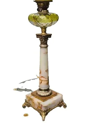 93cm Original French Onyx Marble Chartreuse Glass Oil Lamp Font Burner Duplex • £695