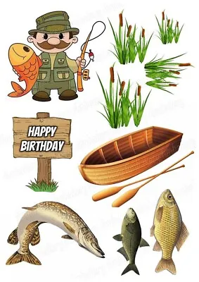 Fish Fishing Cake Topper Party Decoration Edible Birthday Celebration Stand Up • £6.49