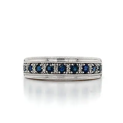 Men's 10k White Gold Round Blue Sapphire & Diamond 6mm Band Ring Size 8.25 • $245