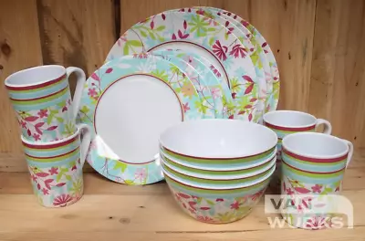 Petite Fleurs 16 Pc  Melamine Tableware Set Camping Campervan Motorhome Flowers • £32.99