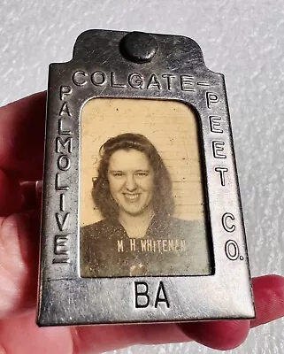 Vintage Colgate Palmolive Peet Co Female Employee Photo ID Badge Pin ~ WW2 Era • $99.95