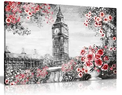 London Oil Painting Black White Red With Roses Canvas Wall Art Picture Print • £11.99