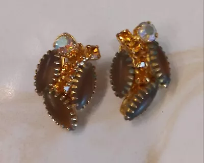 Vtg Gold Tone Amber RHINESTONE Matte Colorful Bumblebee Clip On Earrings Estate • $10